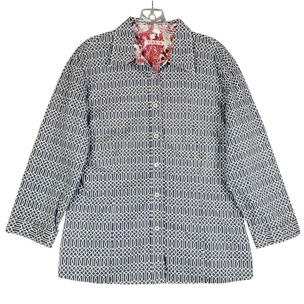 Tizzie Shirt Women's Size Large L Blue Geometric Long Sleeve Button Down - Picture 2 of 10